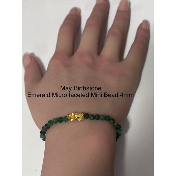 18K Gold Pixiu Piyao Bracelet Gemstone Mini Beads Emerald Micro faceted 4mm May - Picture 6 of 6